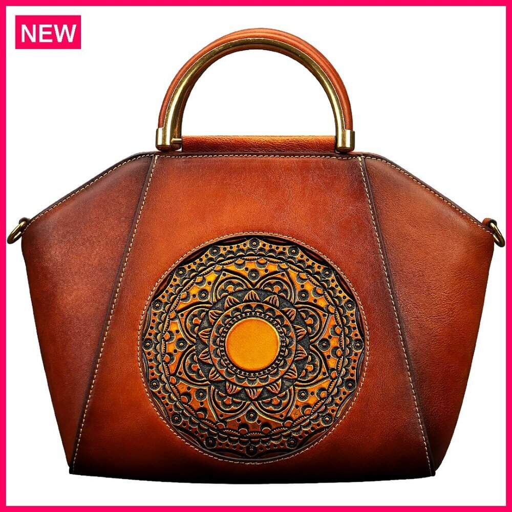 Genuine Leather Crossbody Satchel with Top Handle, Retro 3D Totem Design